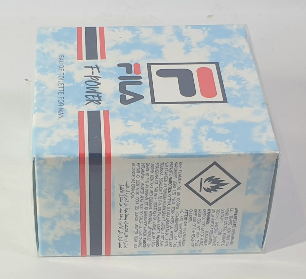 Fila F-Power eau de toilette packaging on a light gray background