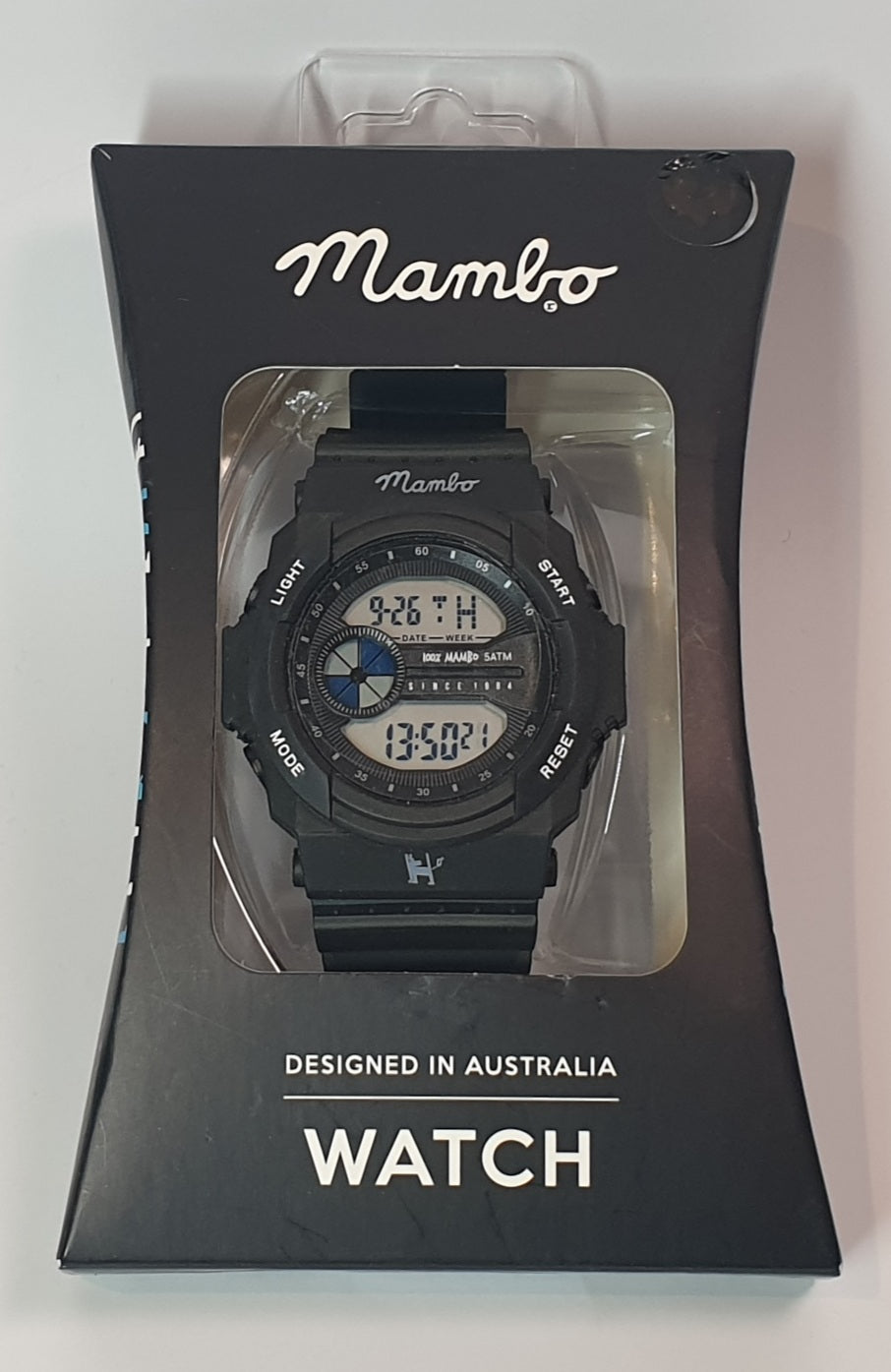 Black digital watch in packaging with 'Mambo' branding on a white background