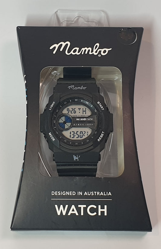 Black digital watch in packaging with 'Mambo' branding on a white background