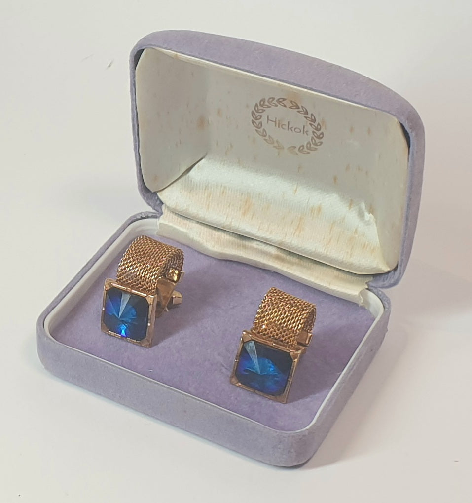 VINTAGE HICKOK CUFFLINKS BLUE GLASS