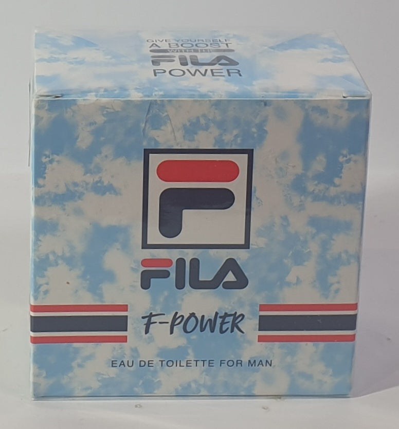 Fila F-Power eau de toilette packaging on a light gray background