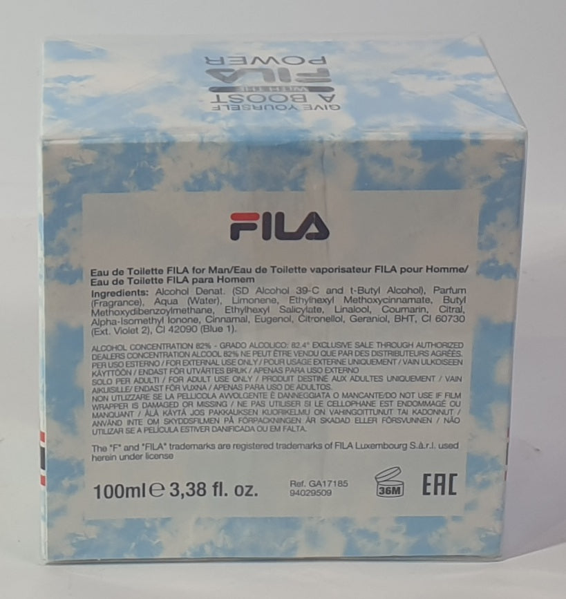 Fila F-Power eau de toilette packaging on a light gray background