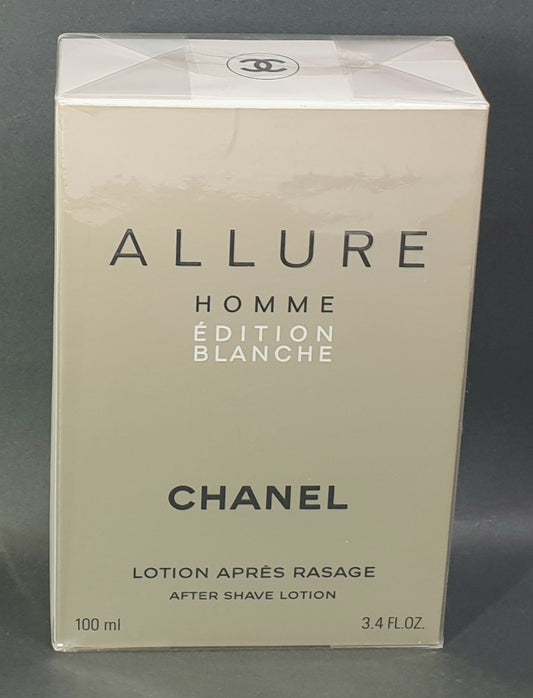 Chanel Allure Homme Edition Blanche after shave lotion packaging on a gray background