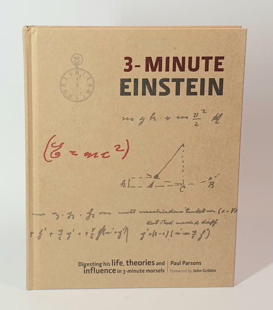 Book titled '3-Minute Einstein' with mathematical equations on a beige background