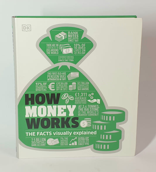 Book titled 'How Money Works' with green and white design on a white background