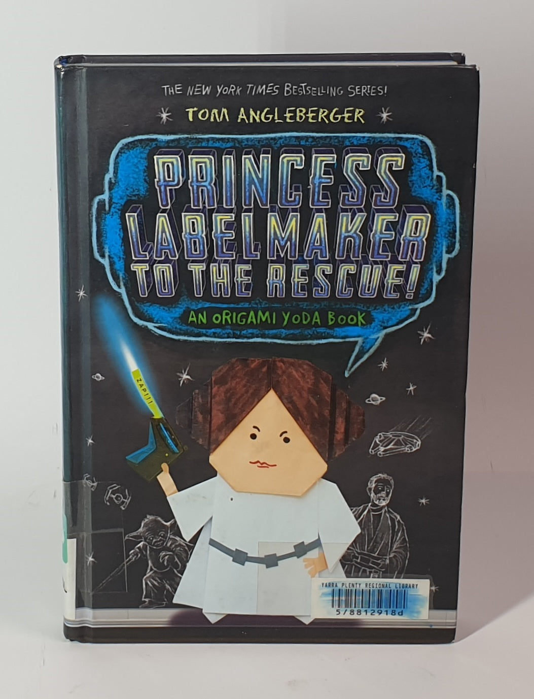 Book titled 'Princess Labelmaker to the Rescue!' by Tom Angleberger on a white background