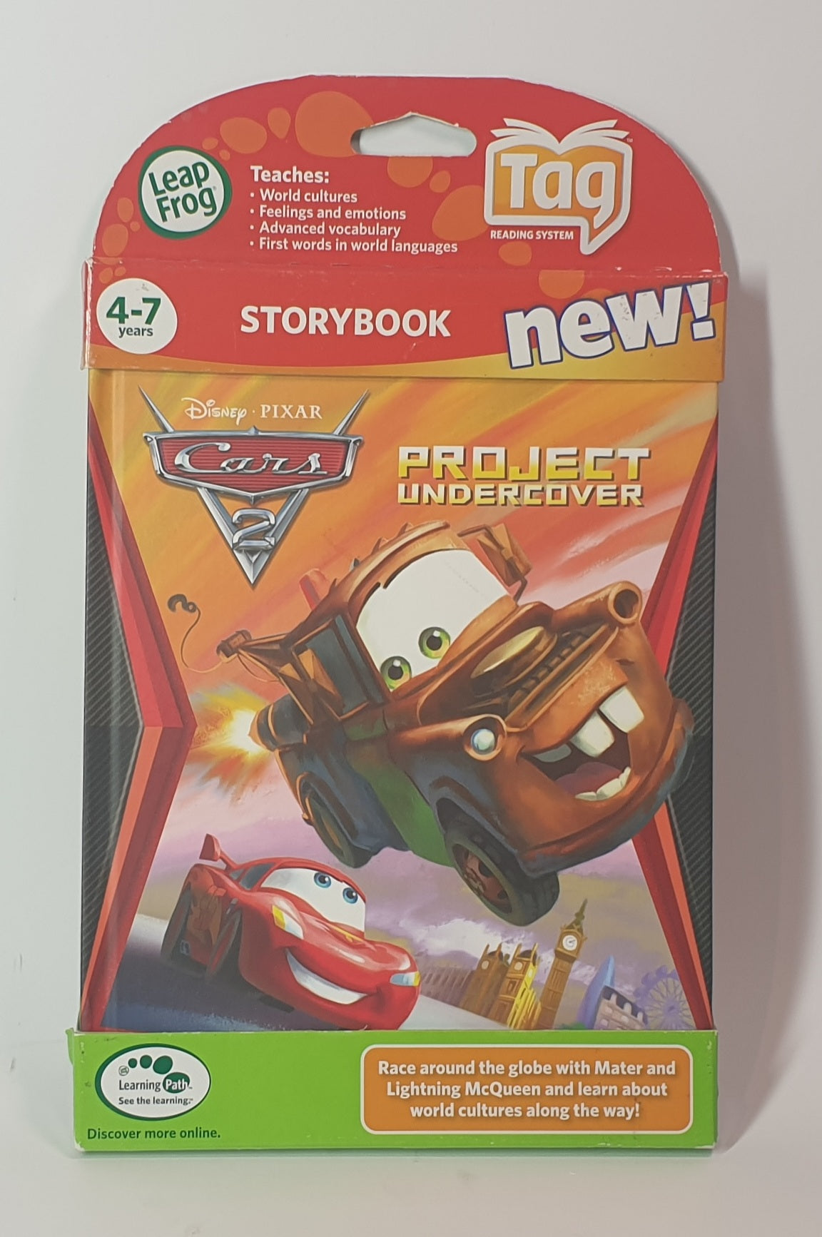 Tag Storybook packaging featuring Disney Pixar Cars with a red car and green text on a white background