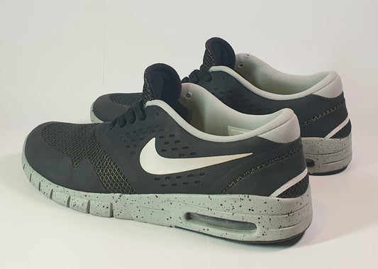 Pair of dark gray and light gray sneakers with a white Nike logo on a white background