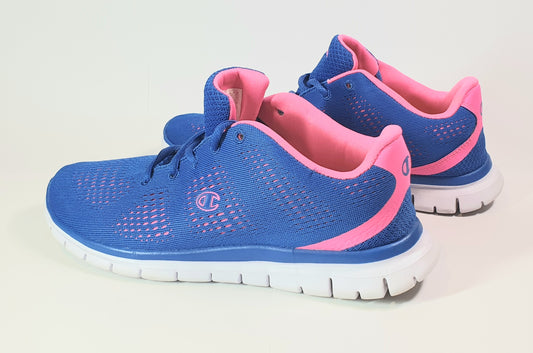 Blue and pink running shoes on a light gray background