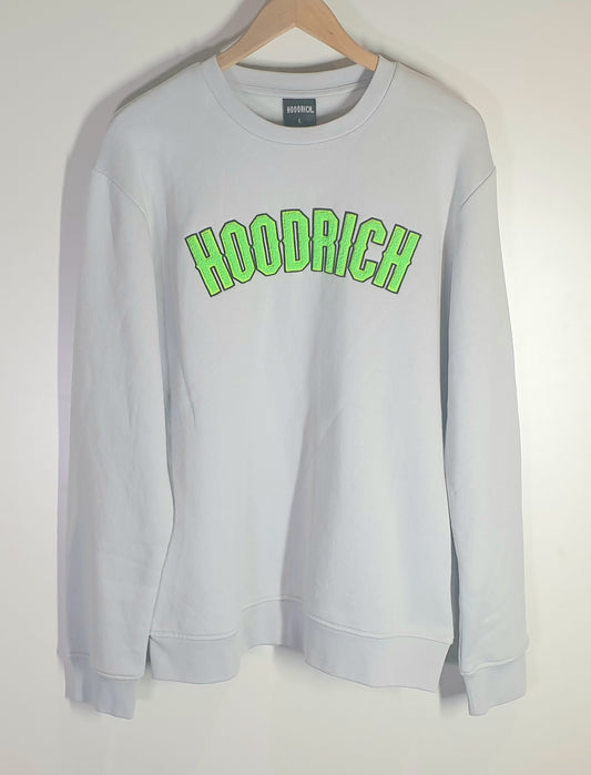 Gray sweatshirt with 'HOODRICH' in green text on a hanger against a white background