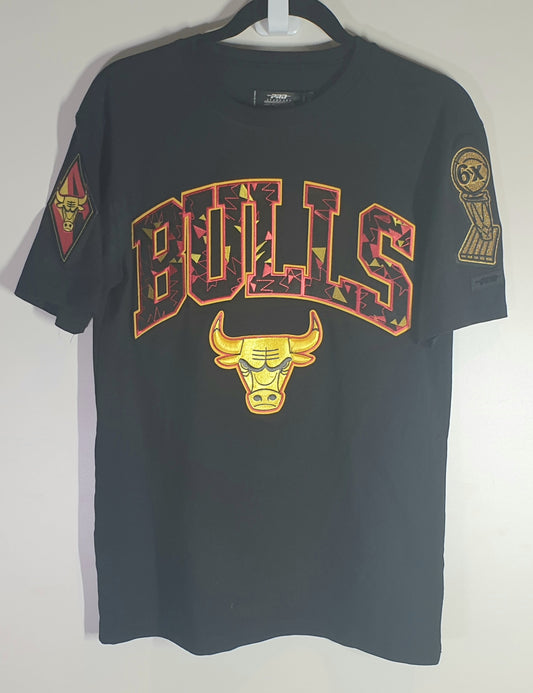 Black t-shirt with 'Bulls' logo on a hanger against a white background