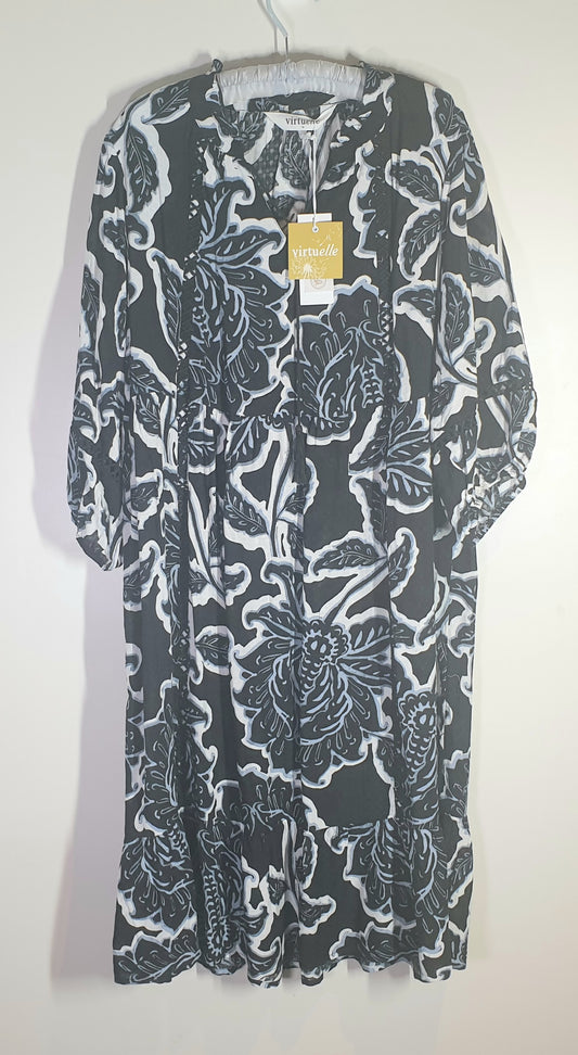 Black floral patterned dress on a white background