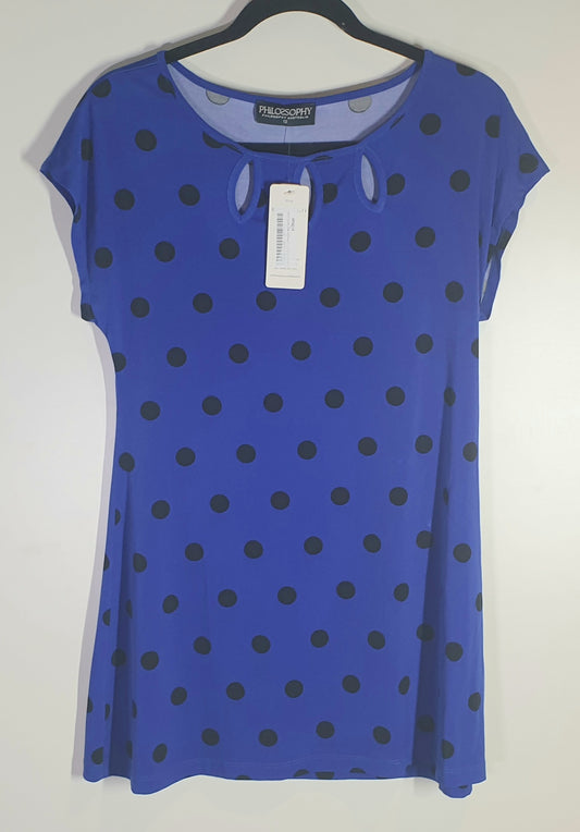 Blue polka dot dress with a tag on a white background