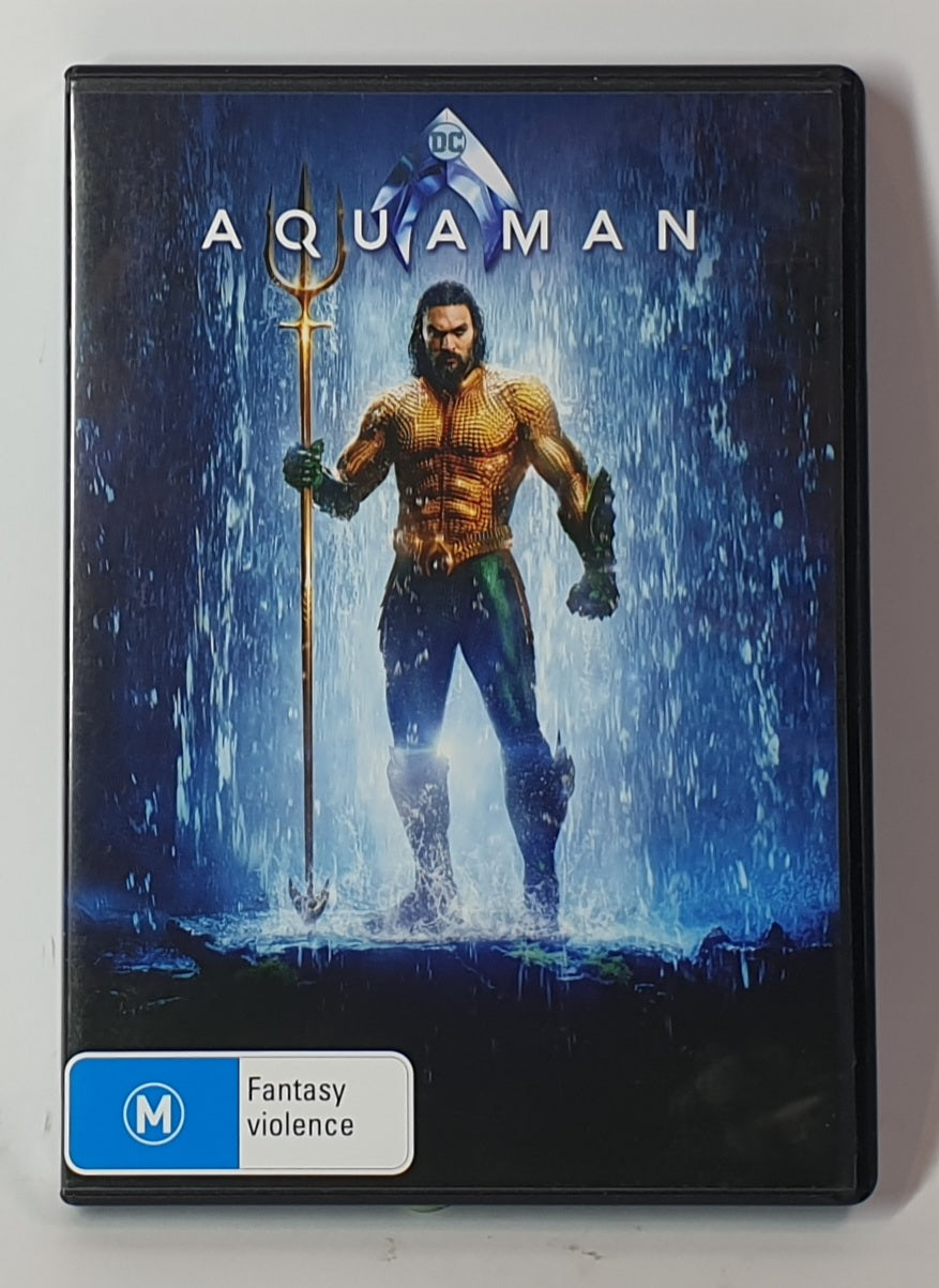 DVD cover of 'Aquaman' featuring the superhero with a trident against a blue background.