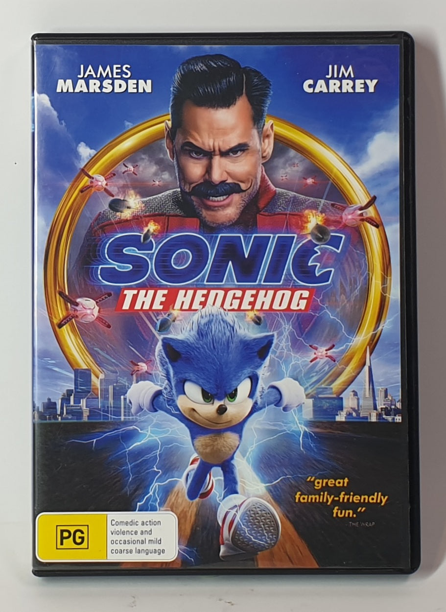 DVD cover of 'Sonic the Hedgehog' featuring James Marsden and Jim Carrey.