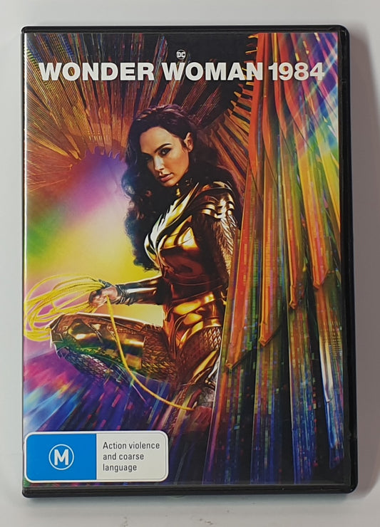DVD cover of 'Wonder Woman 1984' with superhero character on colorful background