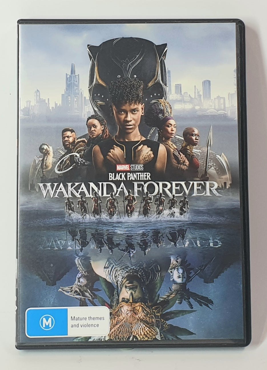 DVD cover of 'Black Panther: Wakanda Forever' with characters and cityscape.
