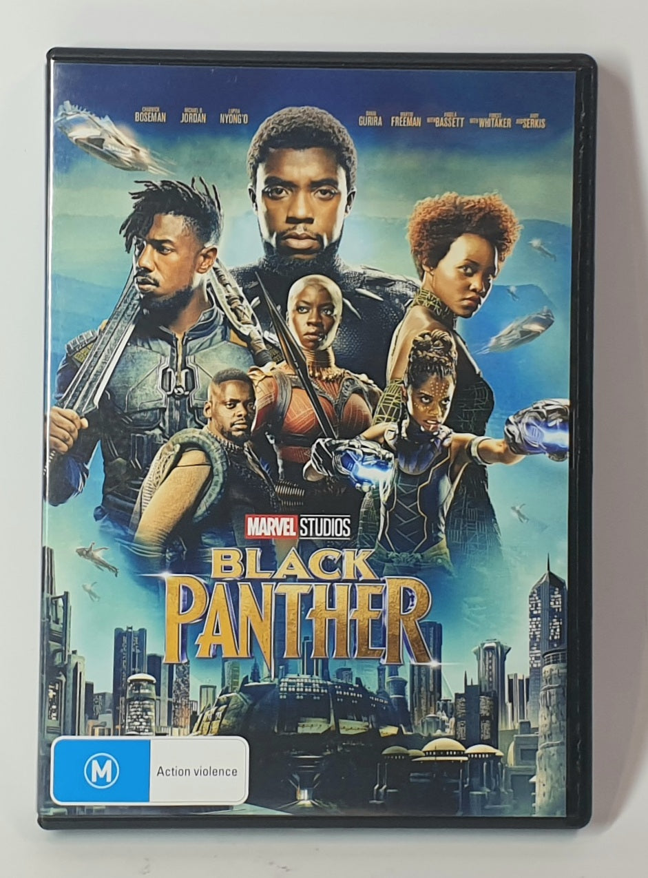 DVD cover of 'Black Panther' with characters and cityscape