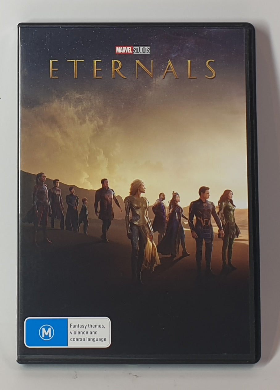 DVD cover of 'Eternals' with characters in a desert landscape