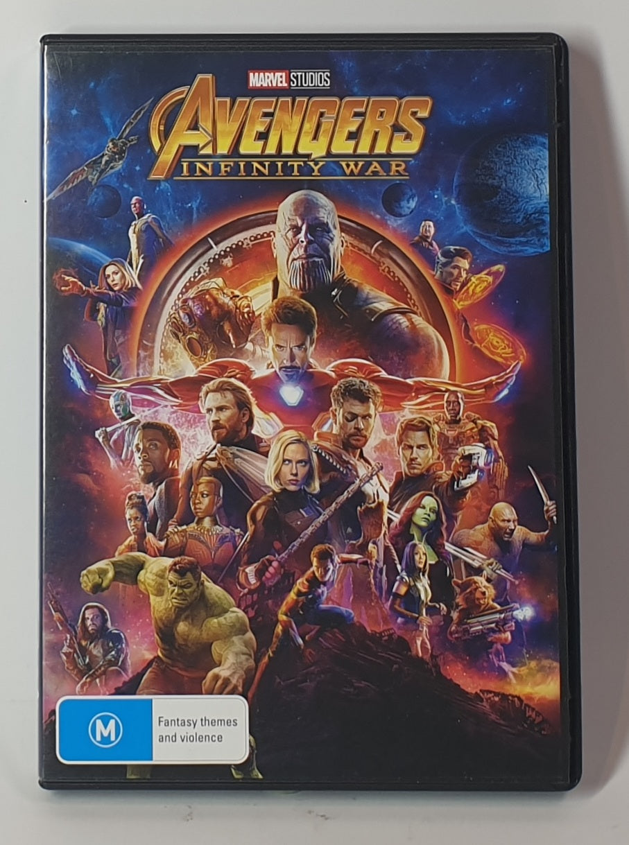 DVD case for 'Avengers: Infinity War' with character images and Marvel logo.