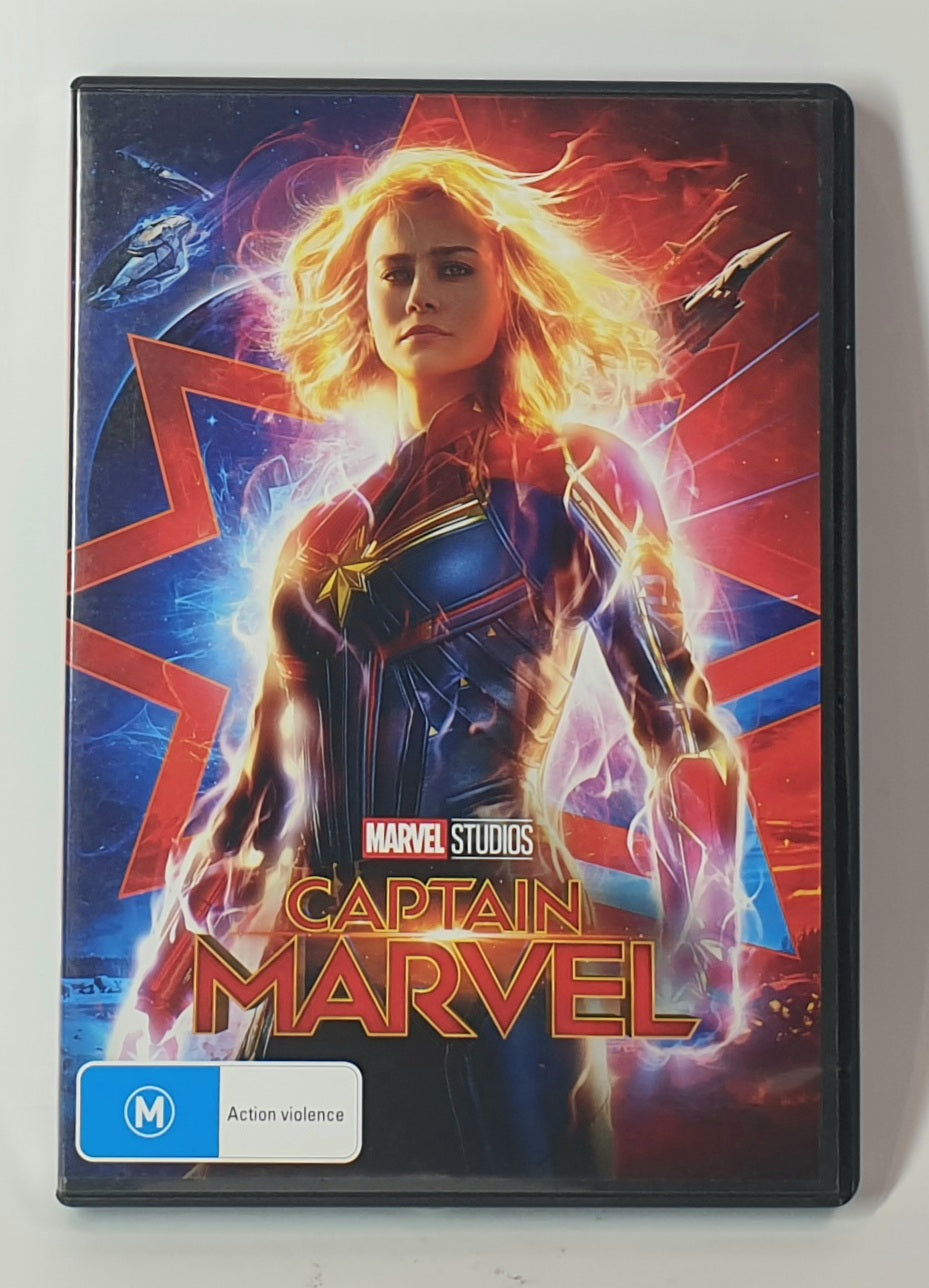 DVD cover of 'Captain Marvel' with superhero character on a red and blue background