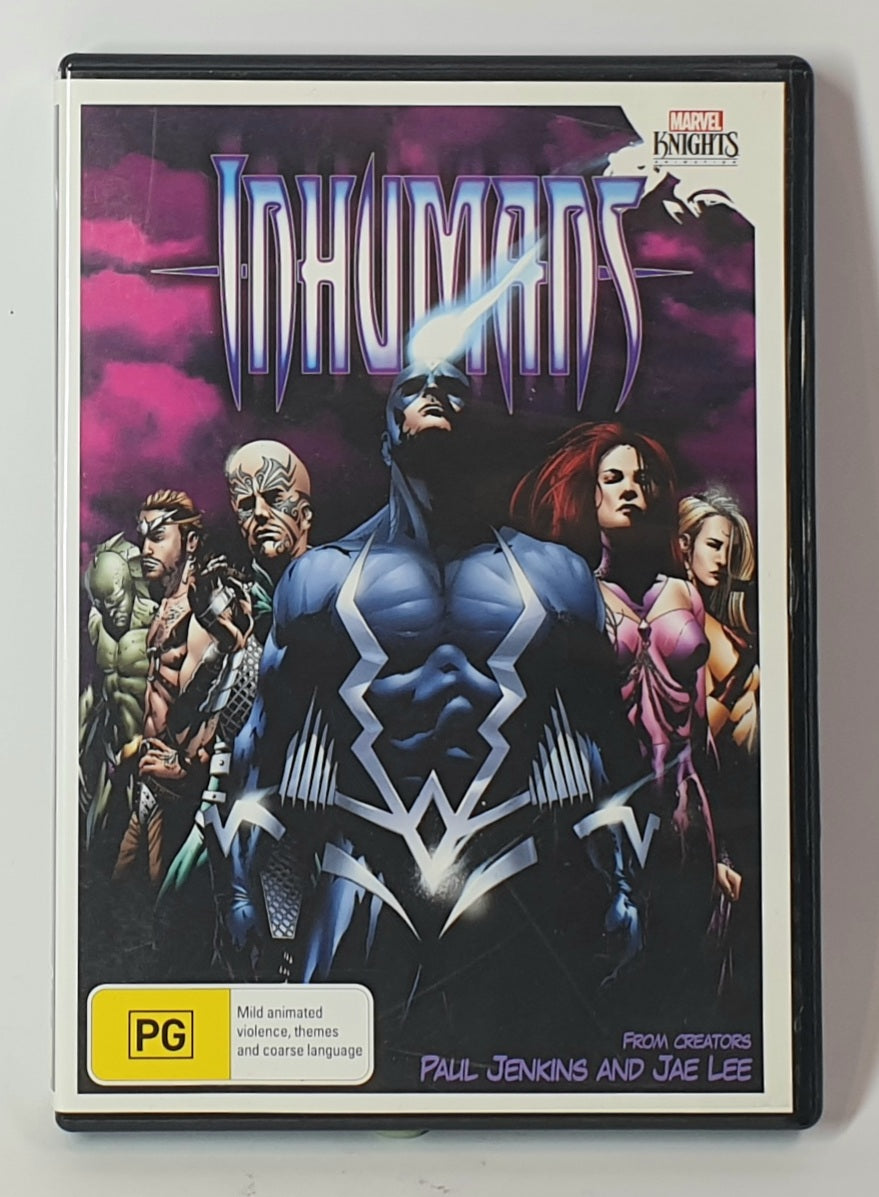 DVD cover of 'Inhumans' with superhero characters on a purple background