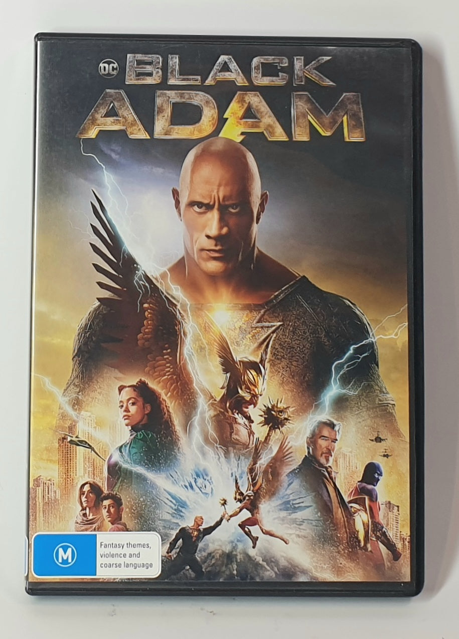 DVD cover of 'Black Adam' featuring a superhero with an eagle and other characters.
