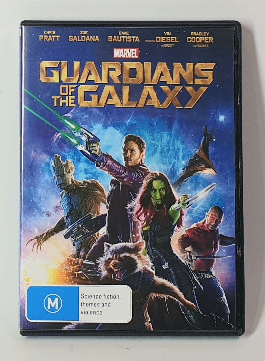 DVD cover of 'Guardians of the Galaxy' with characters and Marvel logo.
