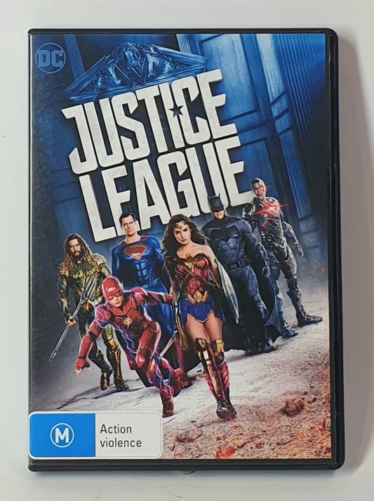 DVD cover of 'Justice League' featuring superhero characters on a gray background