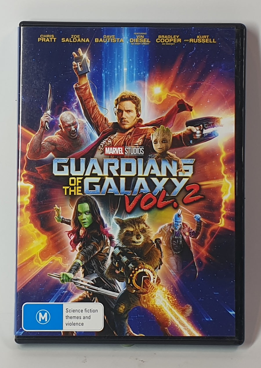 DVD cover of 'Guardians of the Galaxy Vol. 2' with characters on a space-themed background