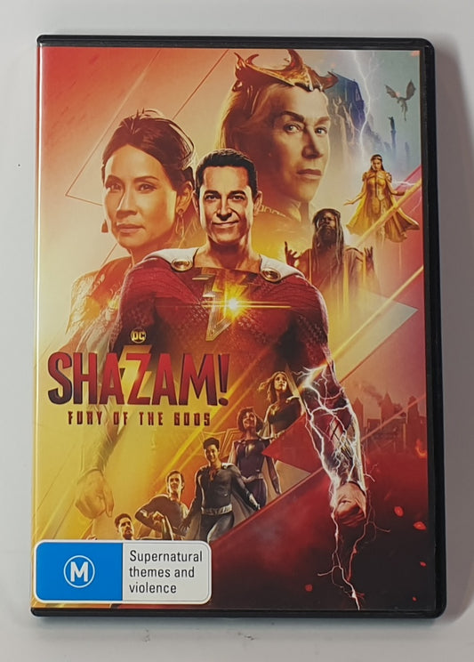 DVD cover of 'Shazam! Fury of the Gods' with superhero characters on a white background
