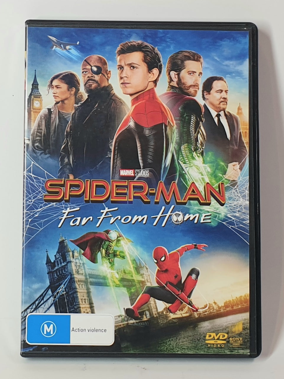 DVD cover of 'Spider-Man: Far From Home' with characters and cityscape background