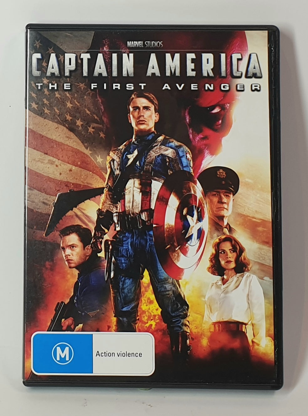 DVD cover of 'Captain America: The First Avenger' with superhero characters and American flag.