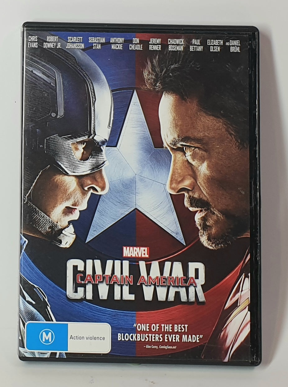 DVD cover of 'Captain America: Civil War' featuring two characters facing each other with a star design.