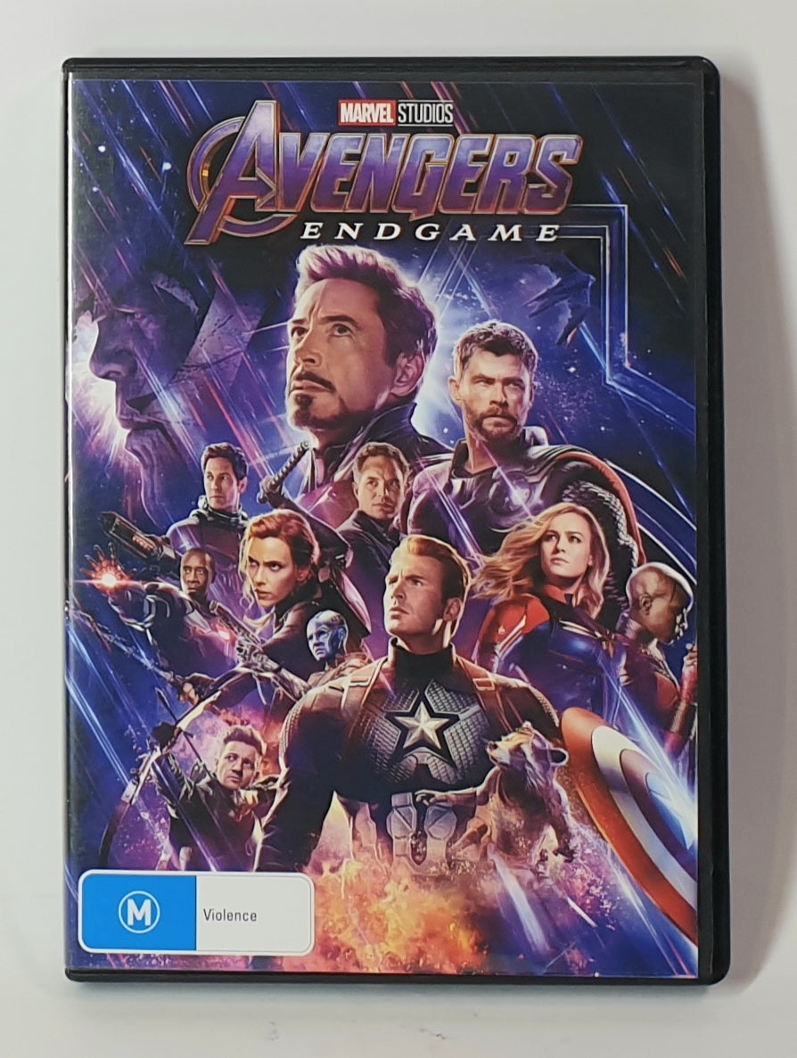DVD cover of 'Avengers: End Game' with superhero characters on a blue and purple background.