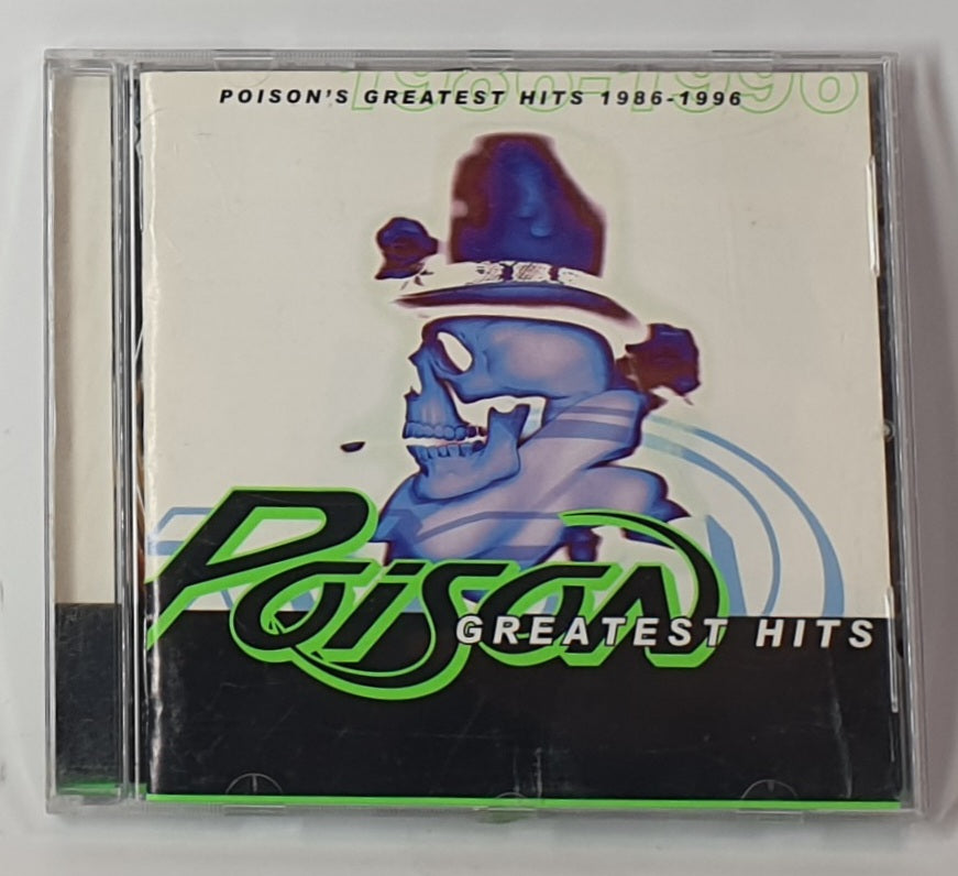 CD cover of 'Poison's Greatest Hits 1986-1996' with a blue skeleton figure and 'Poison' logo.