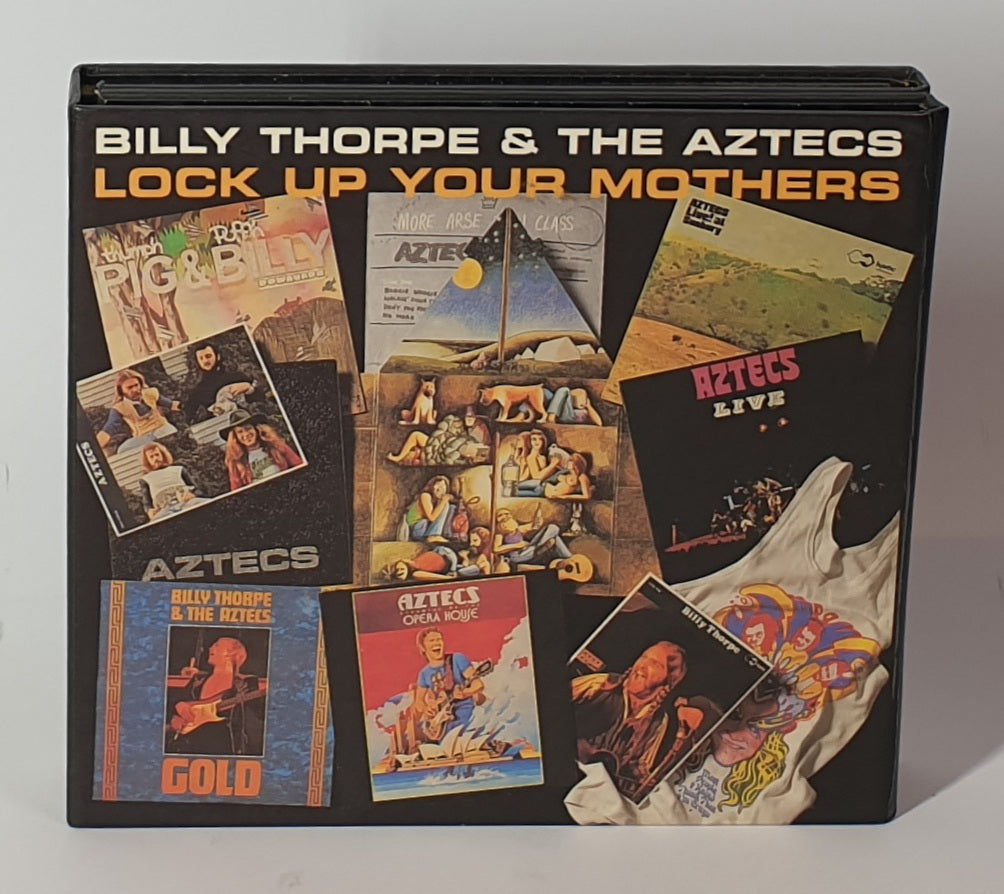 Album cover for 'Lock Up Your Mothers' by Billy Thorpe & The Aztecs with various album art and text.