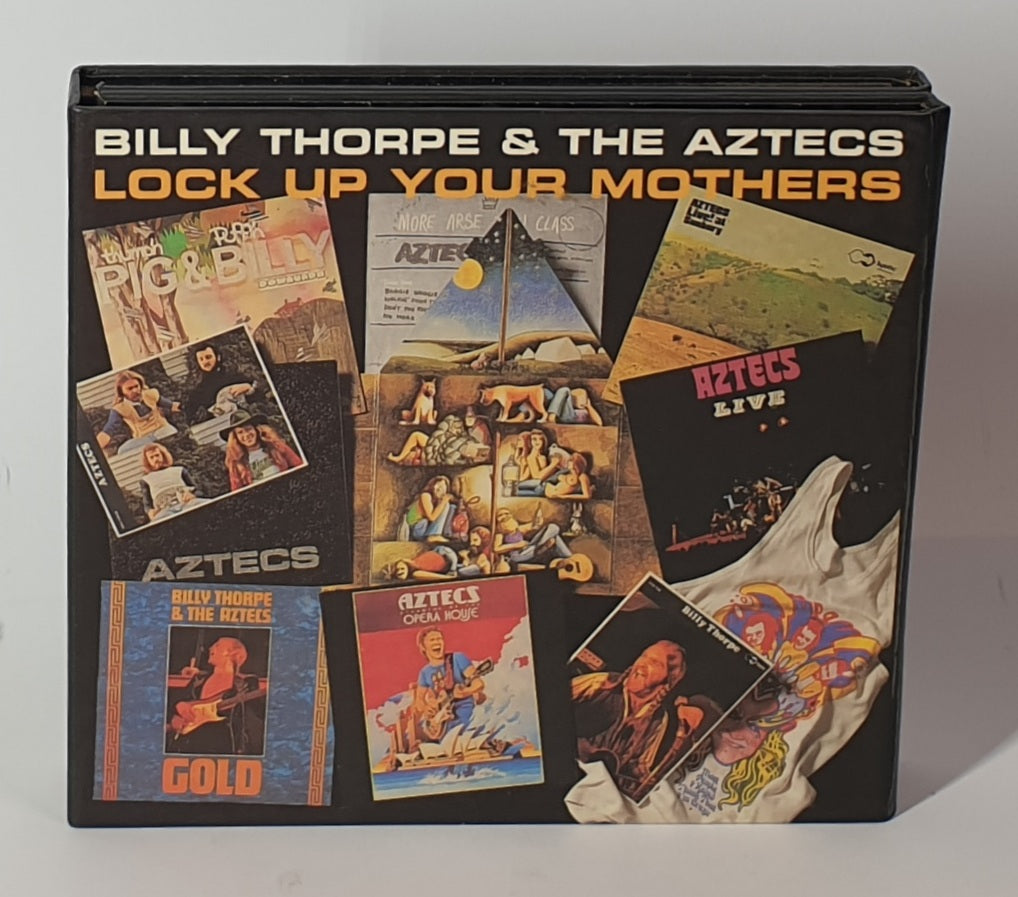 Album cover for 'Lock Up Your Mothers' by Billy Thorpe & The Aztecs with various album art images.