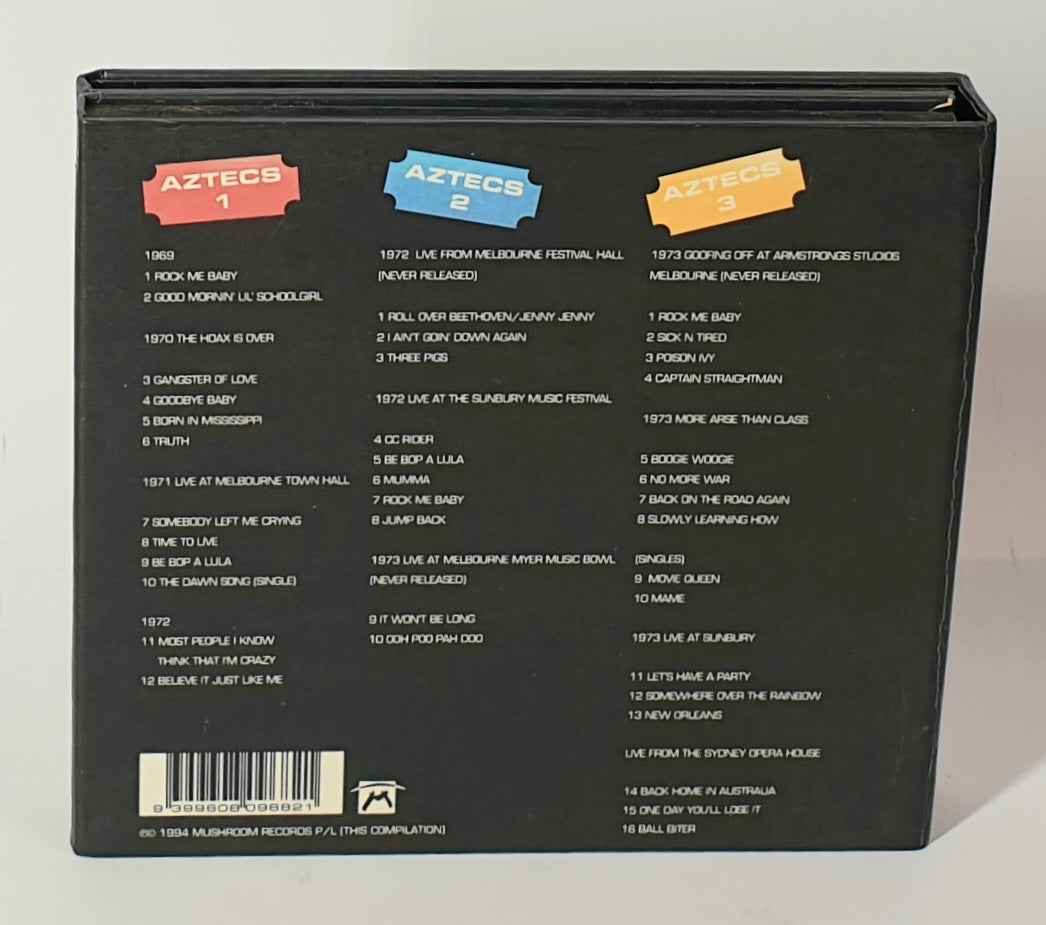 Back cover of a music compilation with tracklist and colorful labels on a white background