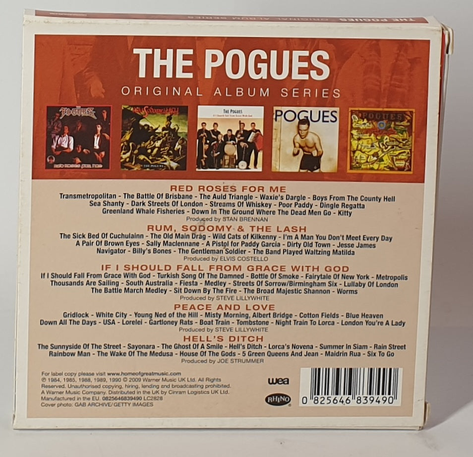 Back cover of a music album featuring The Pogues with album artwork and tracklist.