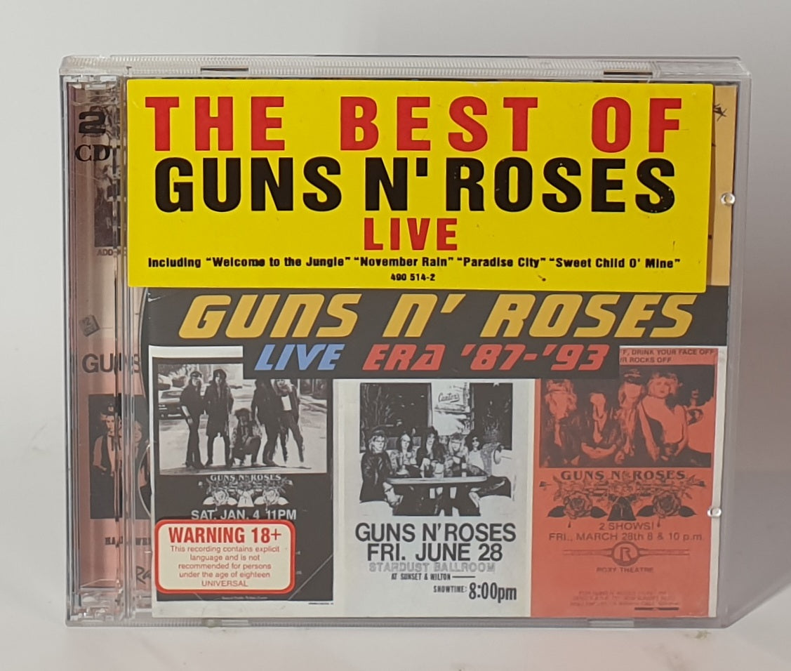 CD cover of 'The Best of Guns N' Roses Live' with promotional images and text.