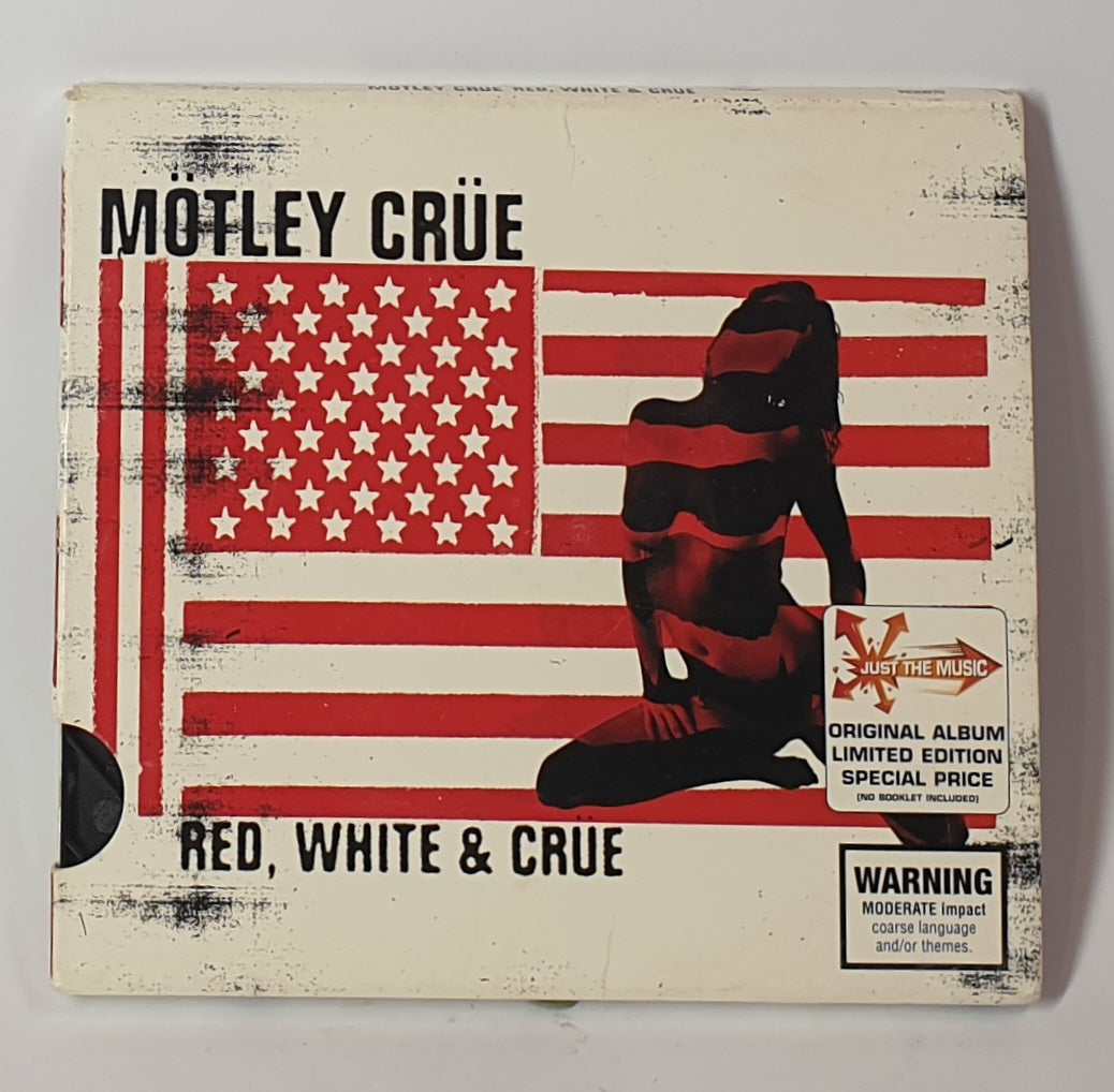 Album cover of Motley Crue's 'Red, White & Crue' with American flag and silhouette design.