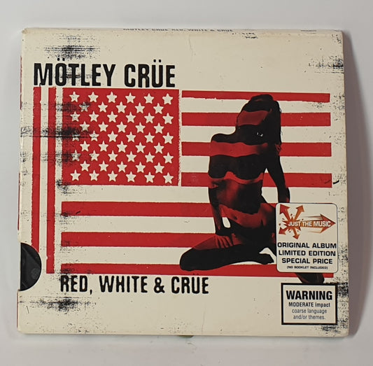 Album cover of Motley Crue's 'Red, White & Crue' with American flag and silhouette design.