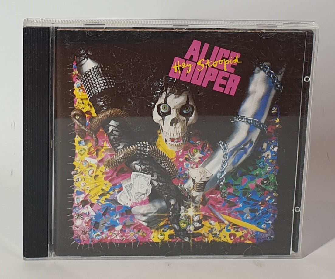 CD cover of 'Hey Stoopid' by Alice Cooper with a colorful design and skeleton illustration.