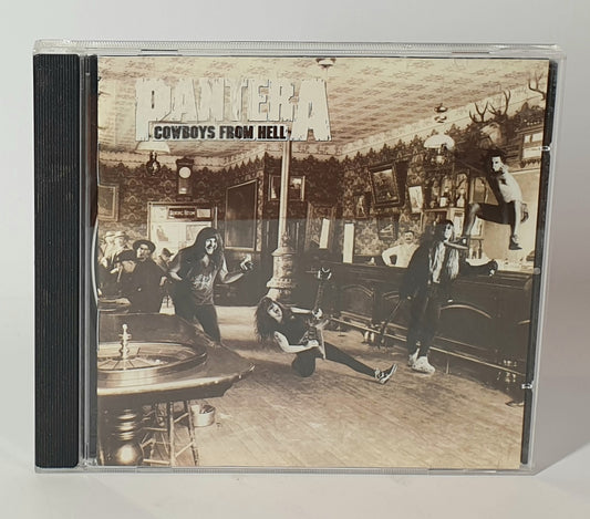 CD cover of Pantera's 'Cowboys from Hell' with black and white illustration of people in a saloon.