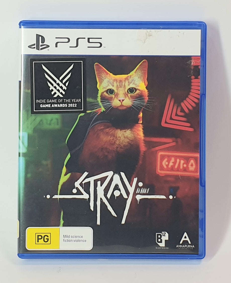 PlayStation 5 game case for 'Stray' with a cat illustration on a white background
