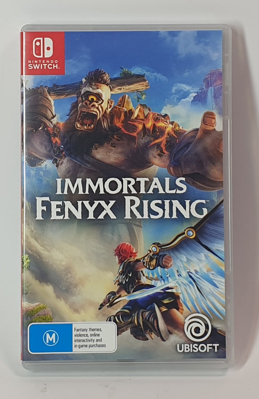 Game case for 'Immortals Fenyx Rising' on Nintendo Switch with Ubisoft logo.