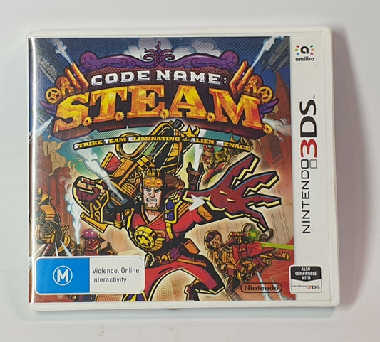 Game case for 'Code Name: S.T.E.A.M.' on a Nintendo 3DS with colorful graphics and text.