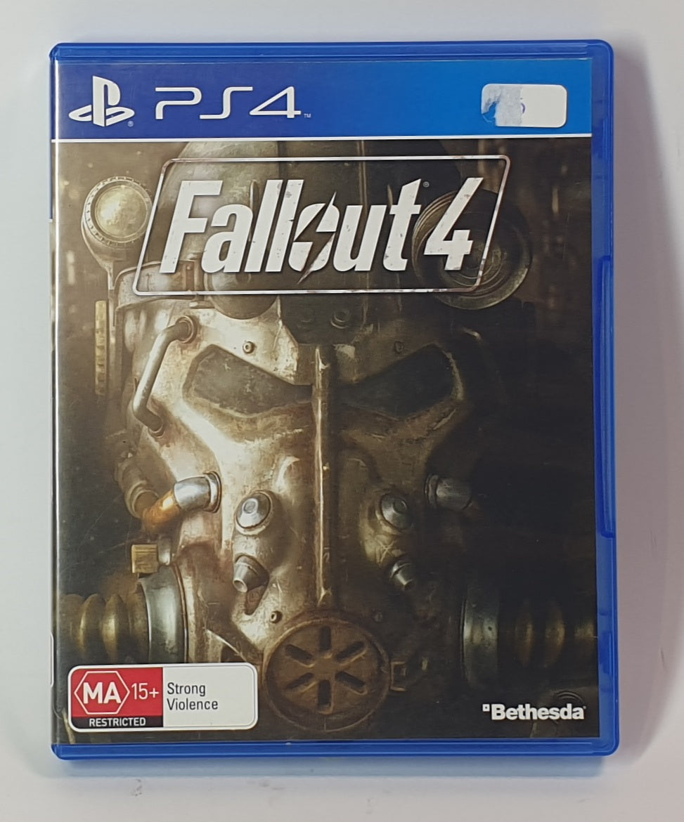PS4 game case for 'Fallout 4' with blue border and metallic robot design on cover.