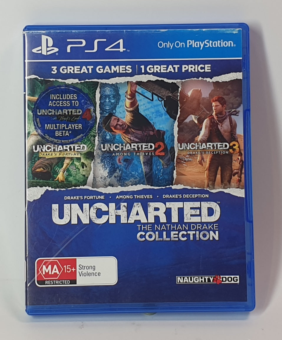Uncharted: The Nathan Drake Collection packaging for PS4 on a white background